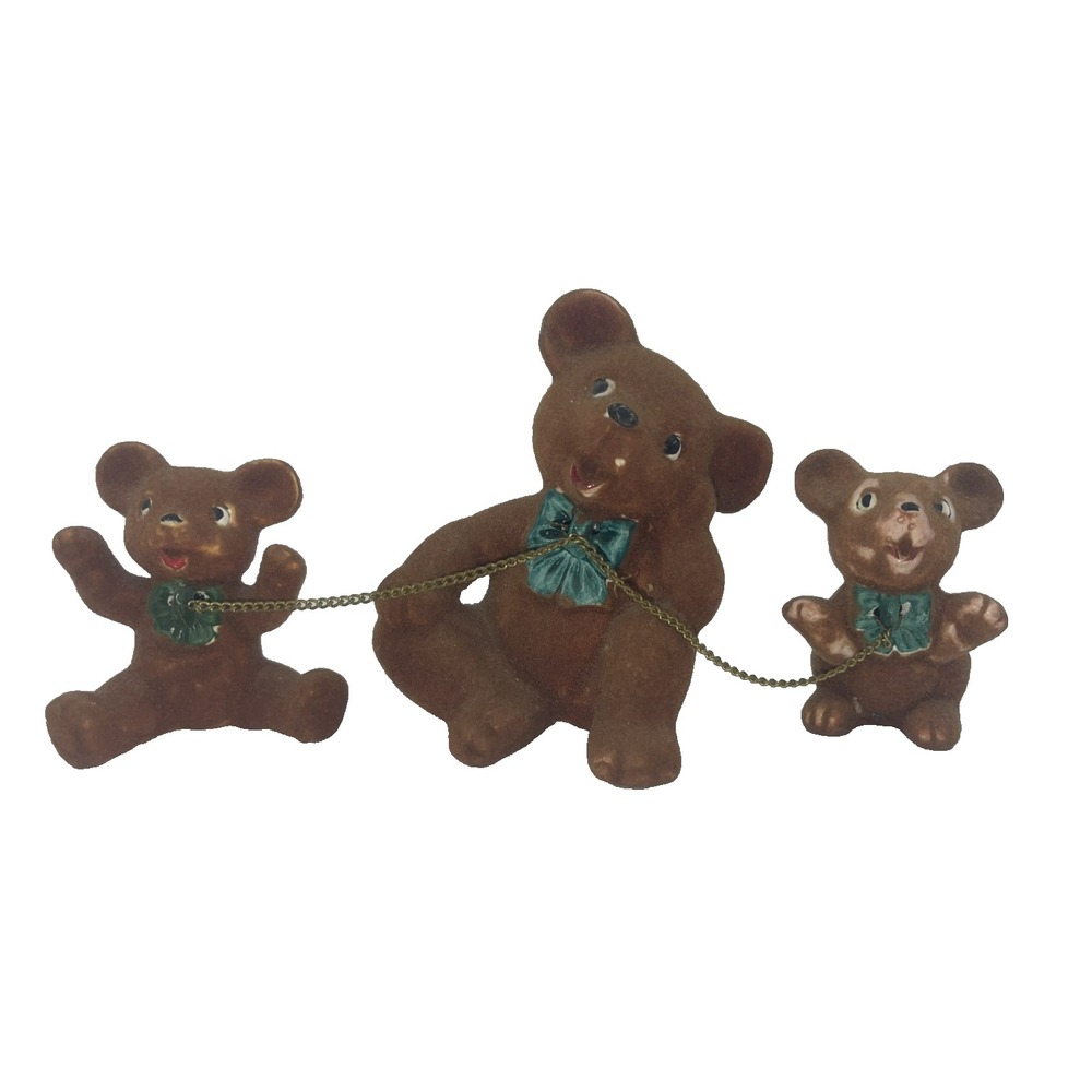 Ceramic Bear Figurines Flocked Brown vintage 1950s Rare MCM‎ Signed 4"